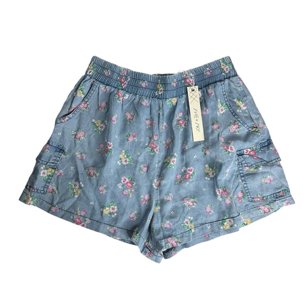 She and Sky Floral Chambray Shorts Blue Drawstring Waist Women's Medium New